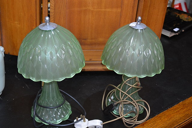 Appraisal: Pair of Art Deco lampsgreen glass and chrome