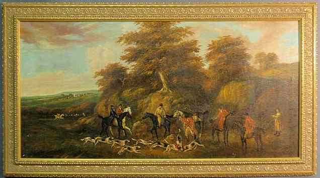 Appraisal: Oil on canvas landscape painting with foxhunters hounds and fox