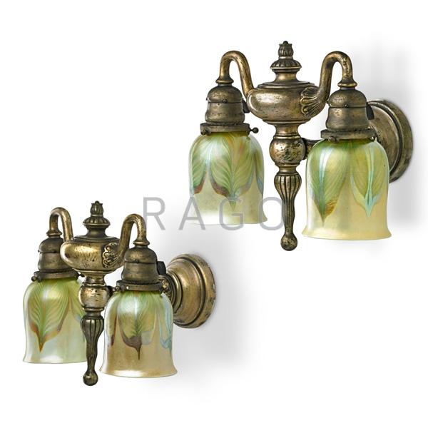 Appraisal: TIFFANY STUDIOS Pair of sconces Condition Report Wear to silver