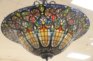 Appraisal: Large Tiffany style leaded glass hanging lamp ht in dia