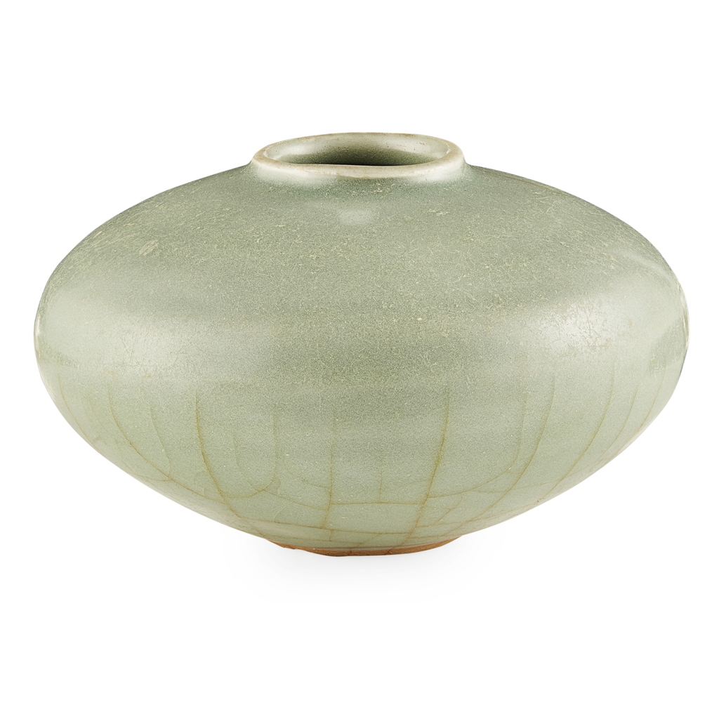 Appraisal: CELADON GLAZED STONEWARE SQUAT VASE of compressed globular form the