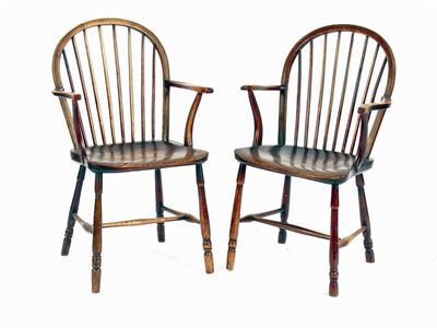 Appraisal: A near pair of ash and elm Windsor open armchairs