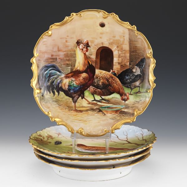 Appraisal: FOUR LIMOGES PORCELAIN CHARGERS Four Limoges porcelain chargers depicting various