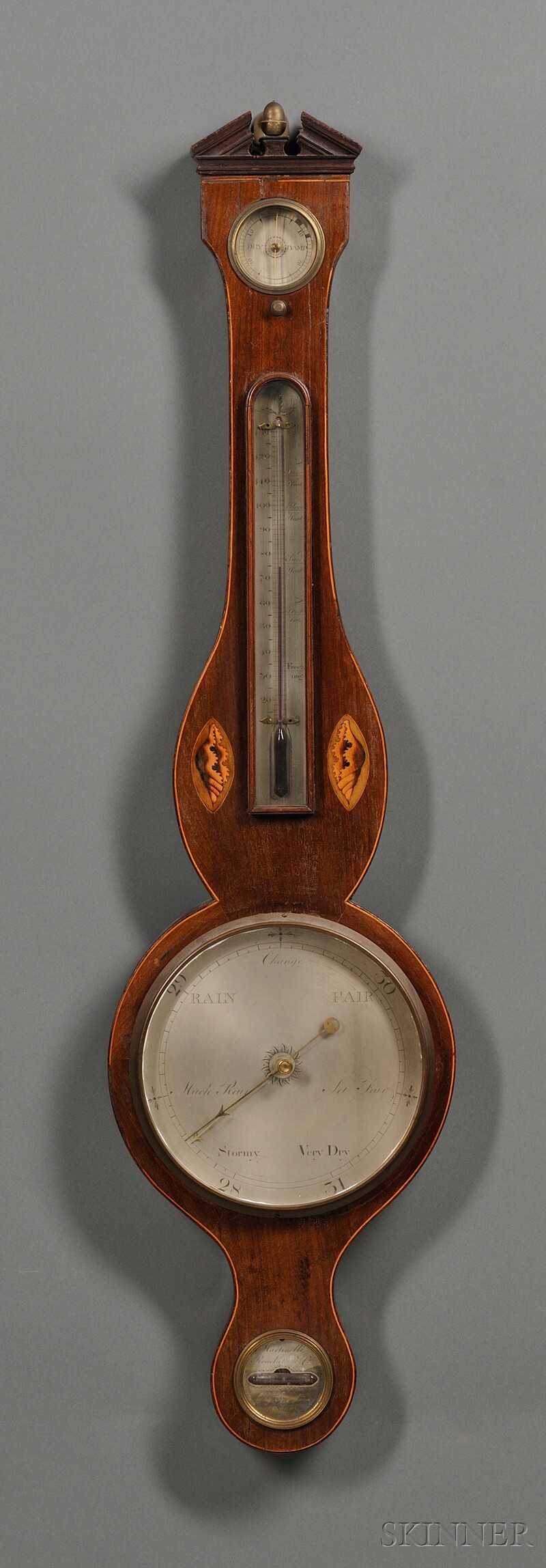 Appraisal: Inlaid Mahogany Veneer Wheel Barometer Martinelli Ronchetti Co Gay Sun