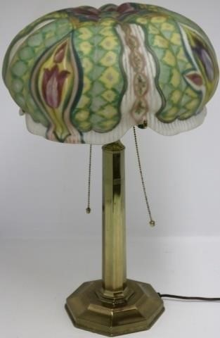 Appraisal: EARLY TH C PAIRPOINT TABLE LAMP VENICE SHADEWITH REVERSE PAINTED