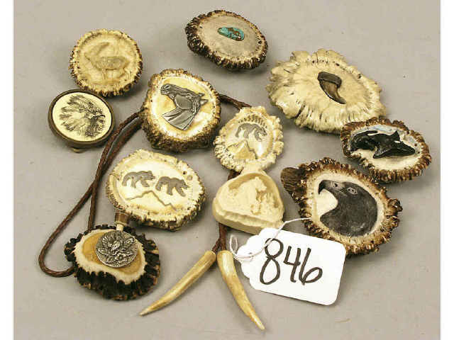 Appraisal: Box lot of bolos and belt buckles in stag horn