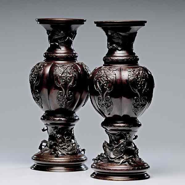 Appraisal: Pair of Bronze Japanese Vases Meiji Meiji Period a pair