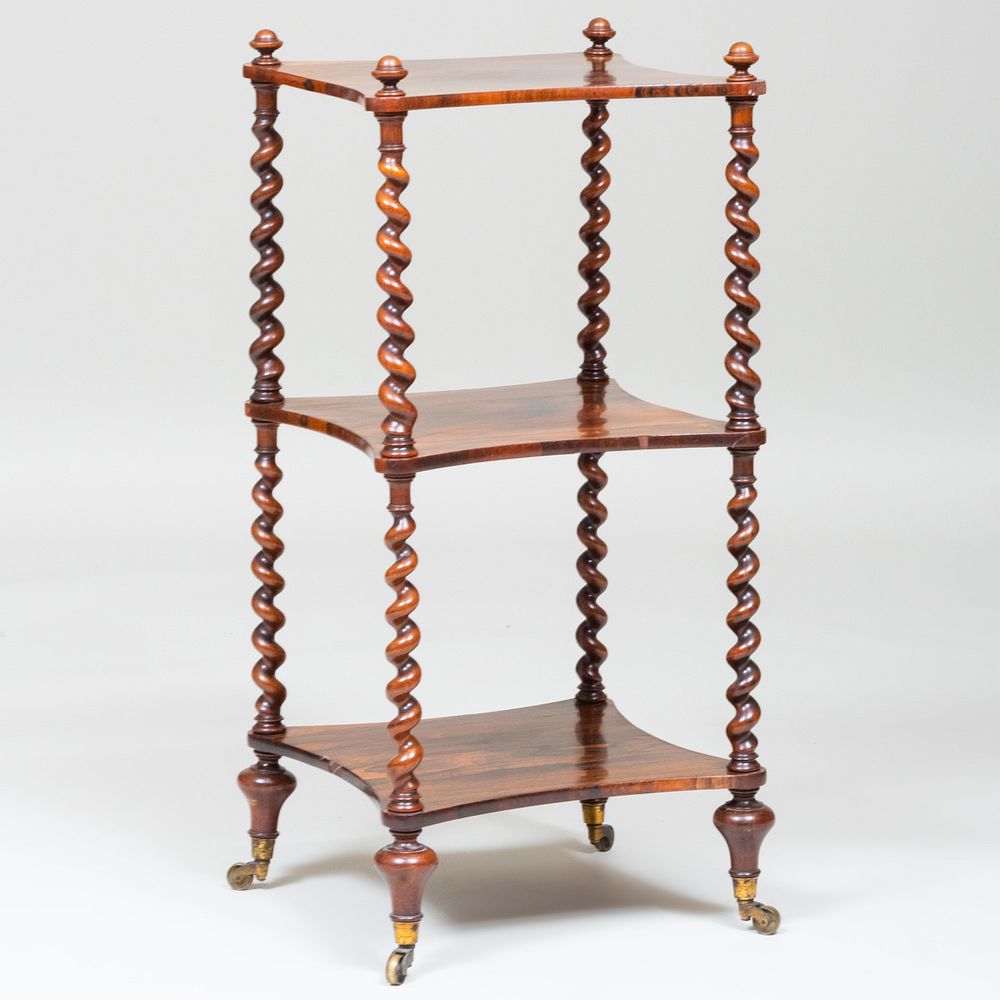 Appraisal: English Rosewood Barley Twist Three-Tiered tag re Raised on casters