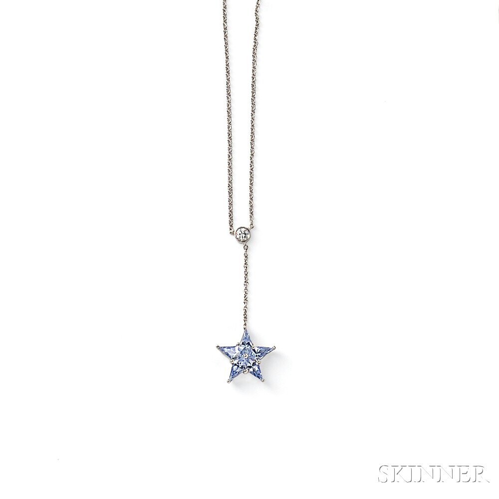 Appraisal: Platinum Sapphire and Diamond Pendant Tiffany Co with fancy-cut sapphire