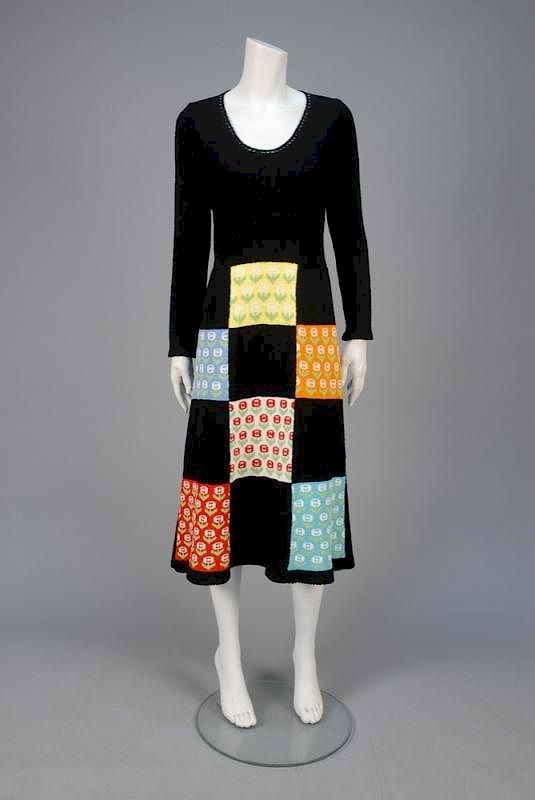 Appraisal: PATCHWORK KNIT DRESS s Long sleeve black A-line with crocheted