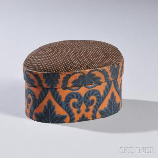 Appraisal: Oval Pincushion-top Wallpaper Box Pennsylvania c - orange and blue