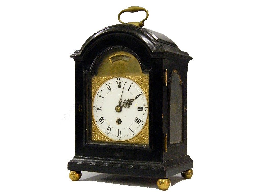 Appraisal: English ebonised single fusee verge bracket clock the five pillar