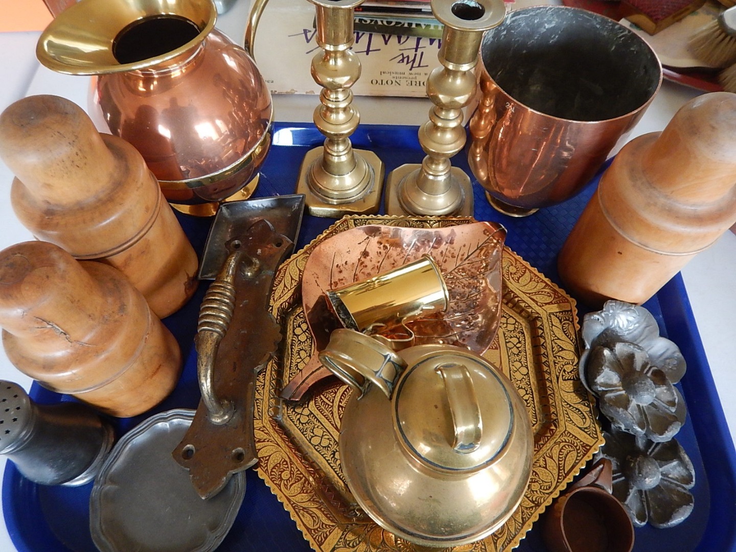 Appraisal: Brass candlesticks and other brass and copper treen pewter and