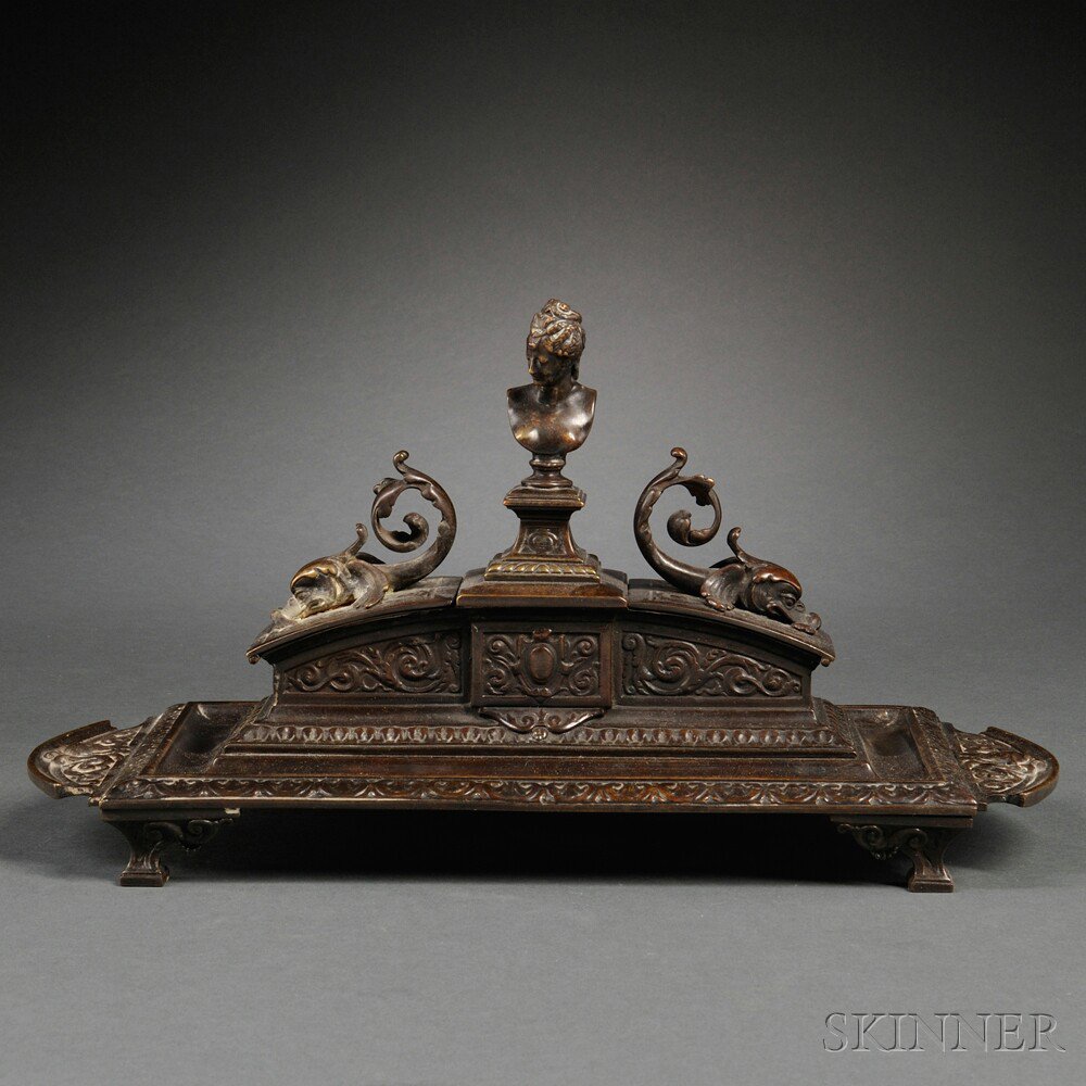 Appraisal: Renaissance-style Patinated Bronze Double Ink Standish th century rectangular tray