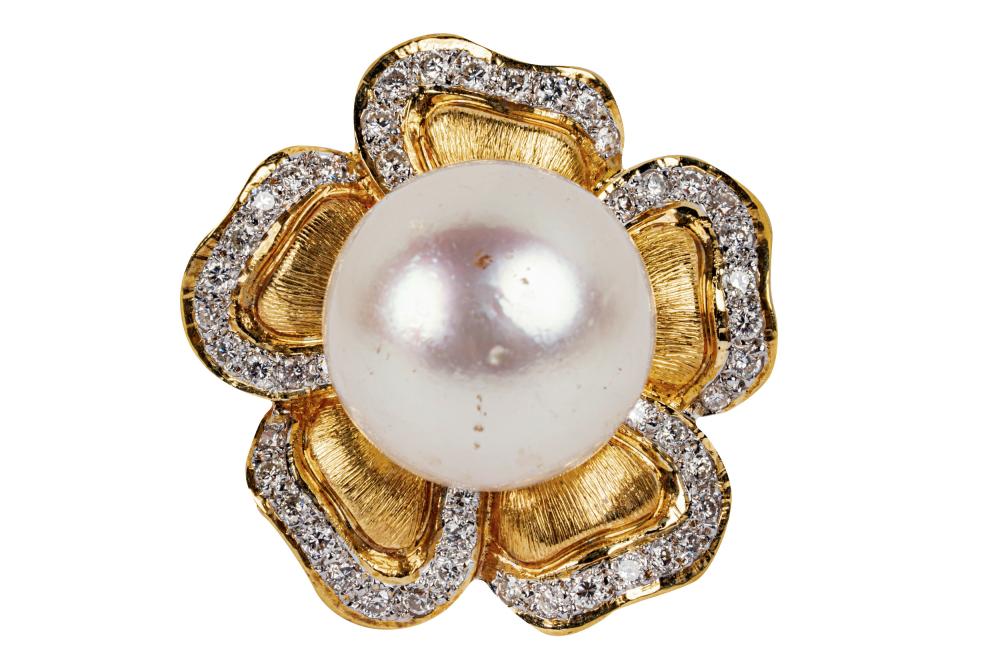 Appraisal: KARAT YELLOW GOLD DIAMOND PEARL FLORAL RINGcentering one round white-color