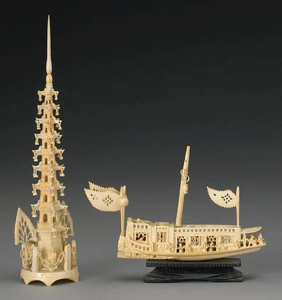 Appraisal: A reticulated ivory pagoda and pleasure boat The first a