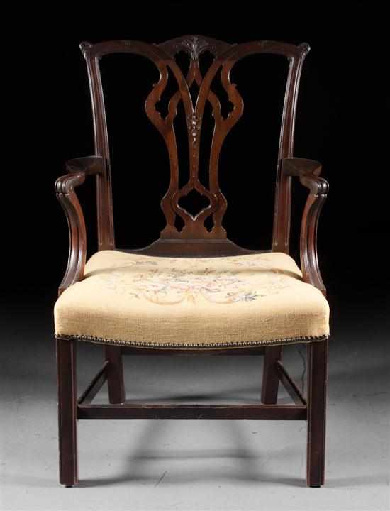 Appraisal: Chippendale style mahogany needlepoint upholstered armchair late th century in