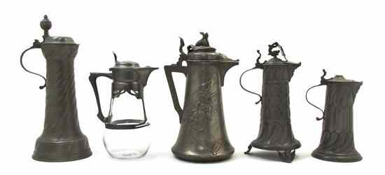 Appraisal: A Collection of German Jugendstil Pewter or Pewter Mounted Tankards