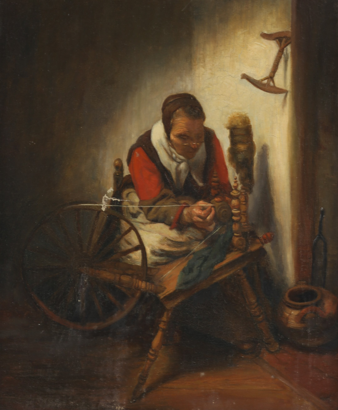 Appraisal: After Nicolaes Maes A Woman Spinning oil th century artist