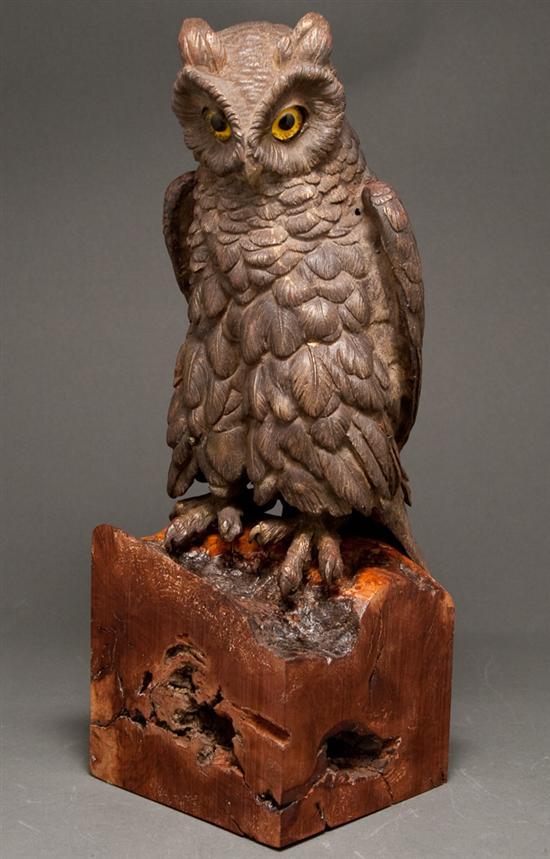 Appraisal: Continental patinated bronze owl figure with inset glass eyes mounted