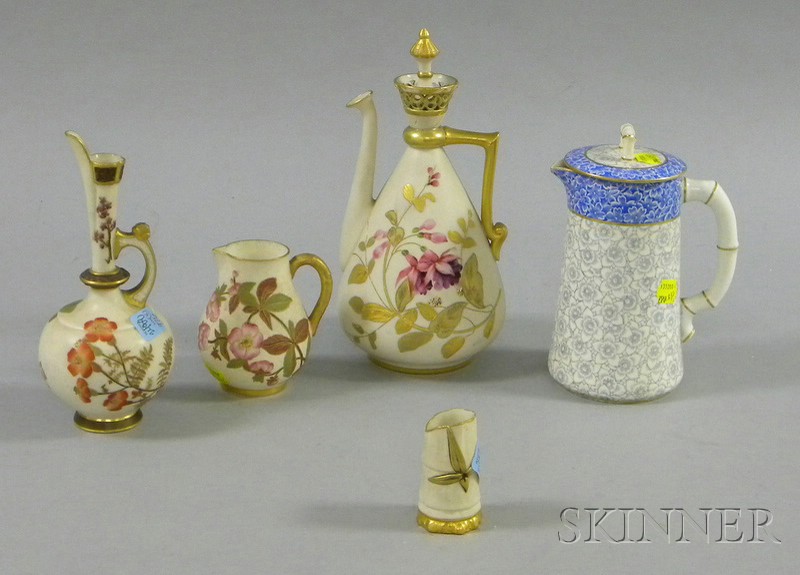 Appraisal: Two Royal Worcester Gilt and Hand-painted Porcelain Ewers Bamboo-form Toothpick