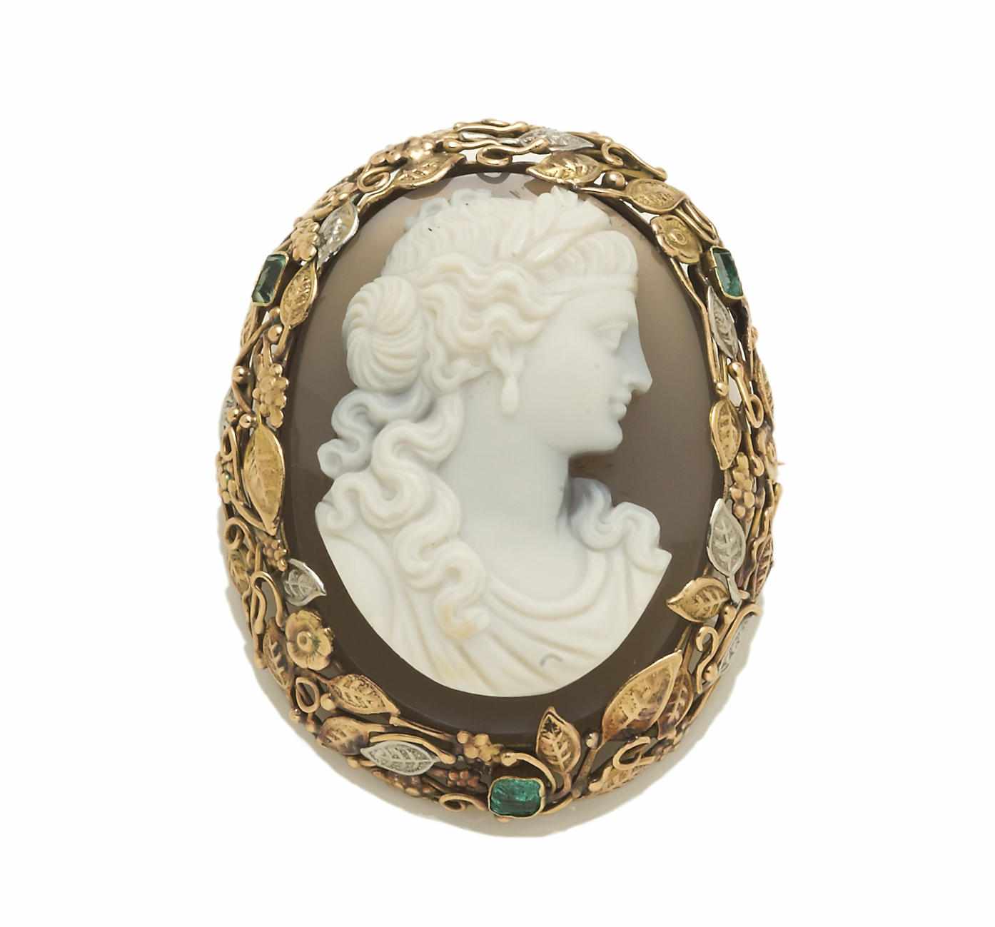 Appraisal: An agate cameo and emerald pendant brooch mounted in fourteen