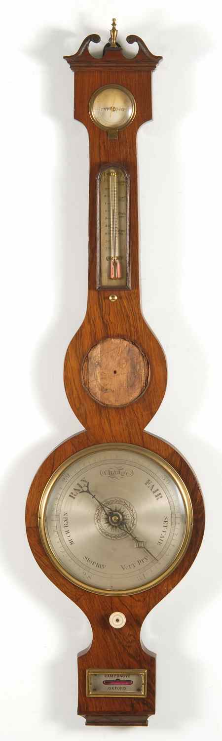 Appraisal: ANTIQUE ENGLISH BONNET-TOP BANJO BAROMETER Marked Camponovo Oxford Rosewood veneered