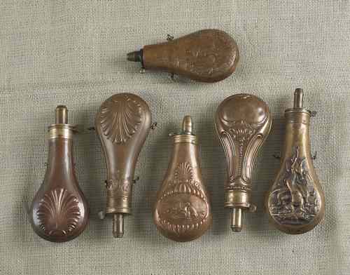 Appraisal: Six black powder hunting flasks - x -