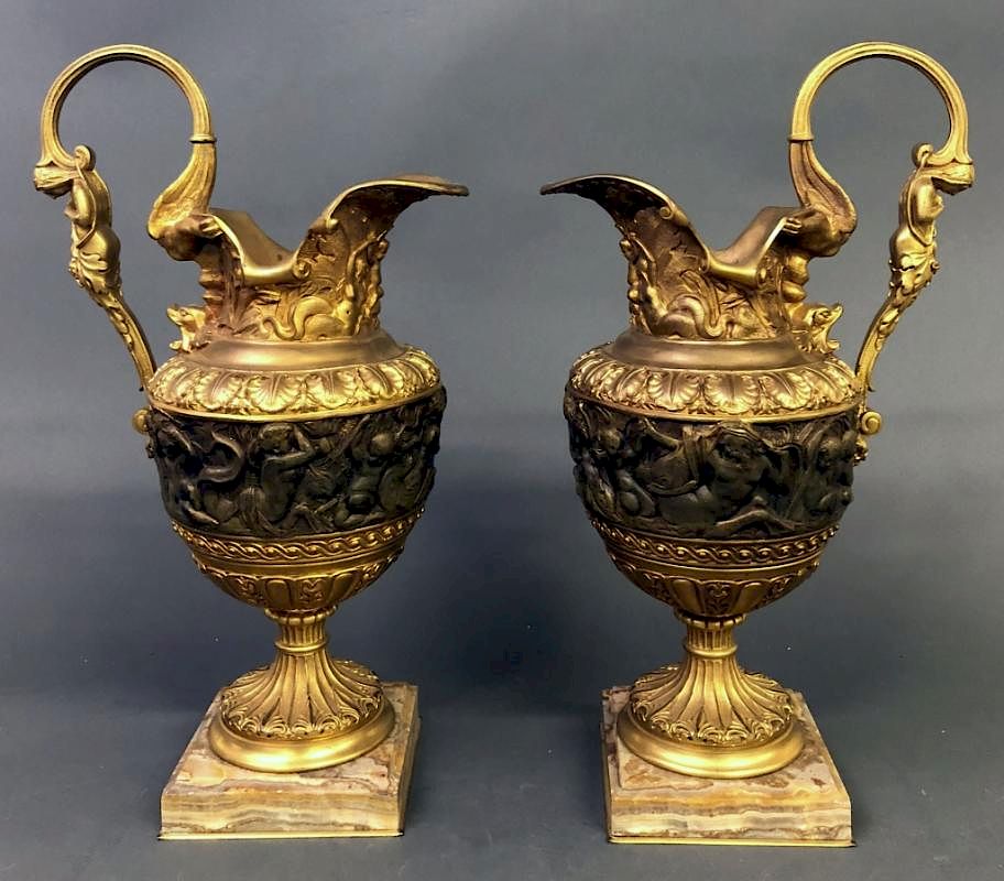 Appraisal: Pair of Gilt Decorated Metal Grecian Style Urns Pair of