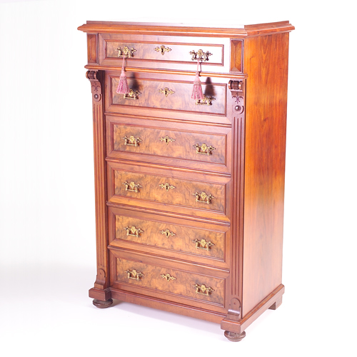 Appraisal: Walnut burlwood tall chest c with six-drawers and fluted pillasters