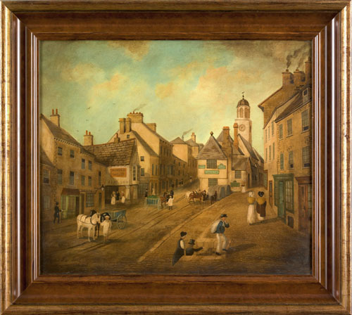 Appraisal: English folk art oil on canvas street scene titled lower