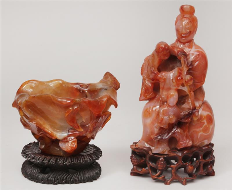 Appraisal: Chinese Carved Agate Figural Group and a Lotus Vine Carved