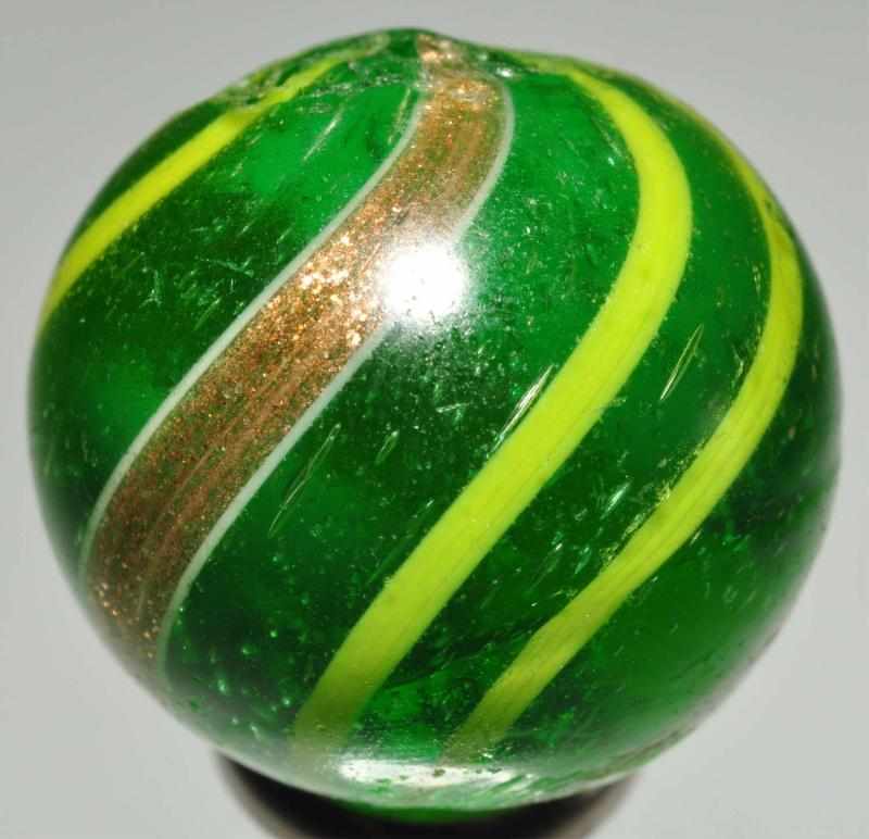 Appraisal: Green Glass Banded Lutz Marble Description Green base glass with