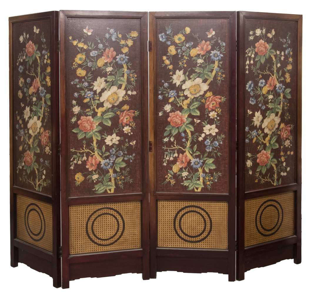 Appraisal: FOUR PANEL FOLDING SCREEN WITH DECOUPAGE DECORATION Modern Mahogany Frame