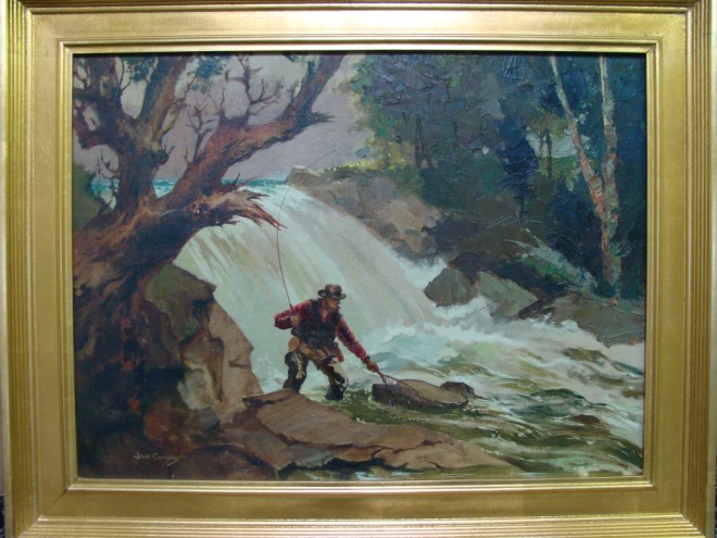 Appraisal: American - WATERFALL FISHING Oil on board x in From