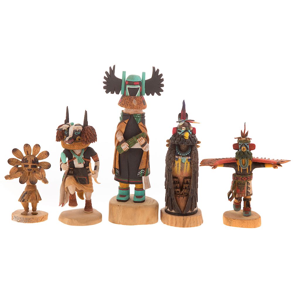 Appraisal: Five Native American cottonwood Kachina figures carved and polychromed figures