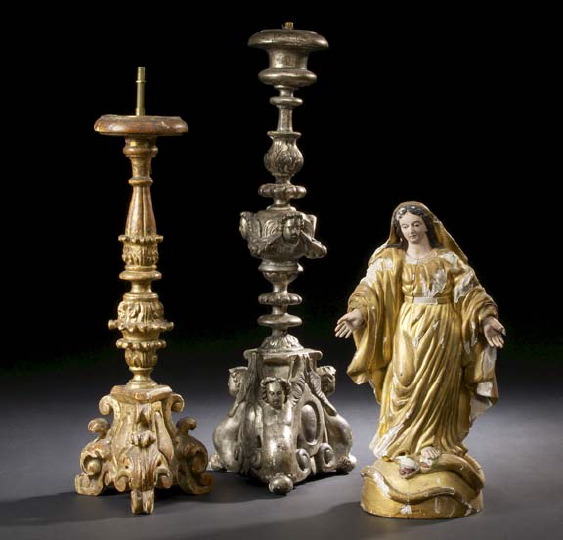 Appraisal: Tall Italian Carved Giltwood and Wrought-Iron Tripodal Pricket Candlestick in