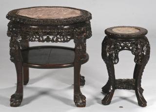 Appraisal: Pair Chinese Carved Low Tables w Marble Insets Item Chinese