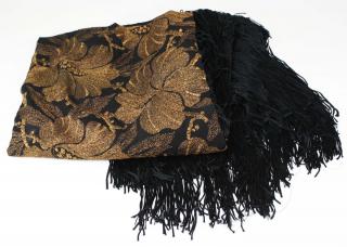 Appraisal: 'S Black Long Fringed Shawl With Golden Metallic Hibiscus Flower