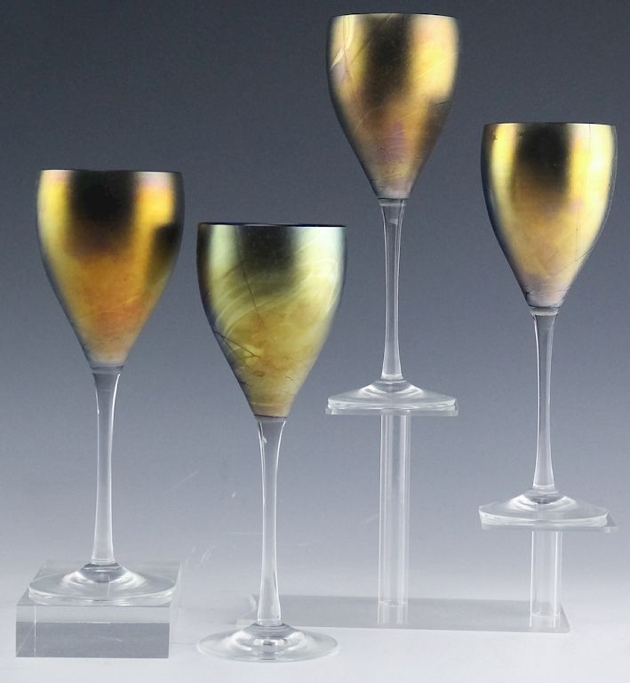 Appraisal: Steven Maslach Iridescent Bowl Art Wine Glasses Set of four