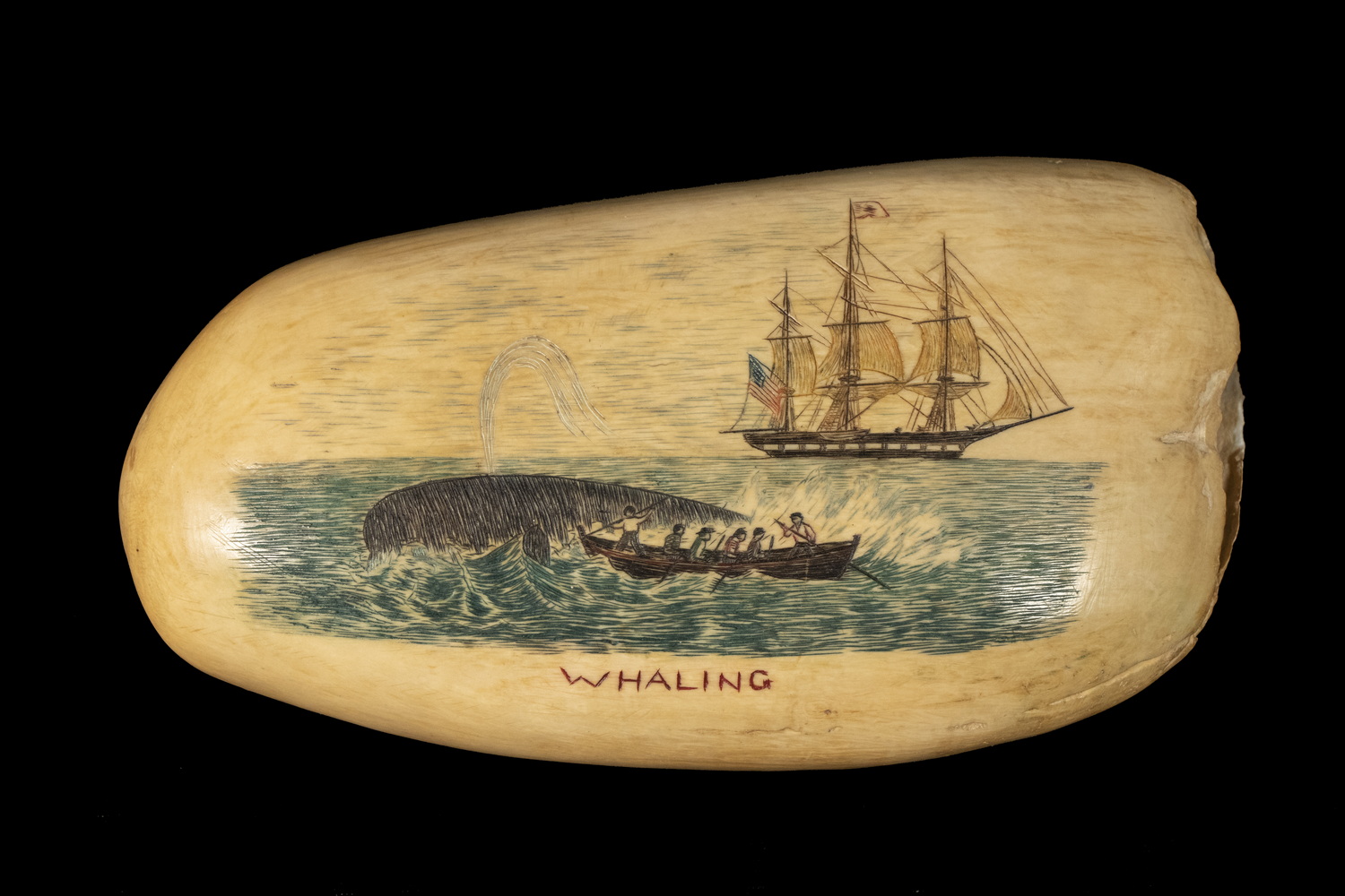 Appraisal: SCRIMSHAW SPERM WHALE TOOTH Harpooning the Whale polychrome depicting a