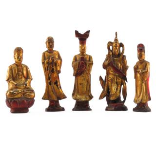 Appraisal: Grouping of Five th Century Chinese Wood Carved Gilt Painted