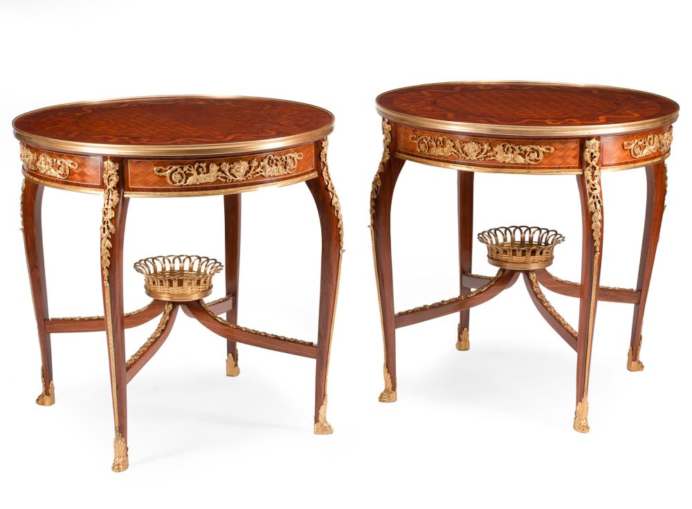 Appraisal: Pair of Louis XV-Style Bronze-Mounted Kingwood and Marquetry Gueridons paneled