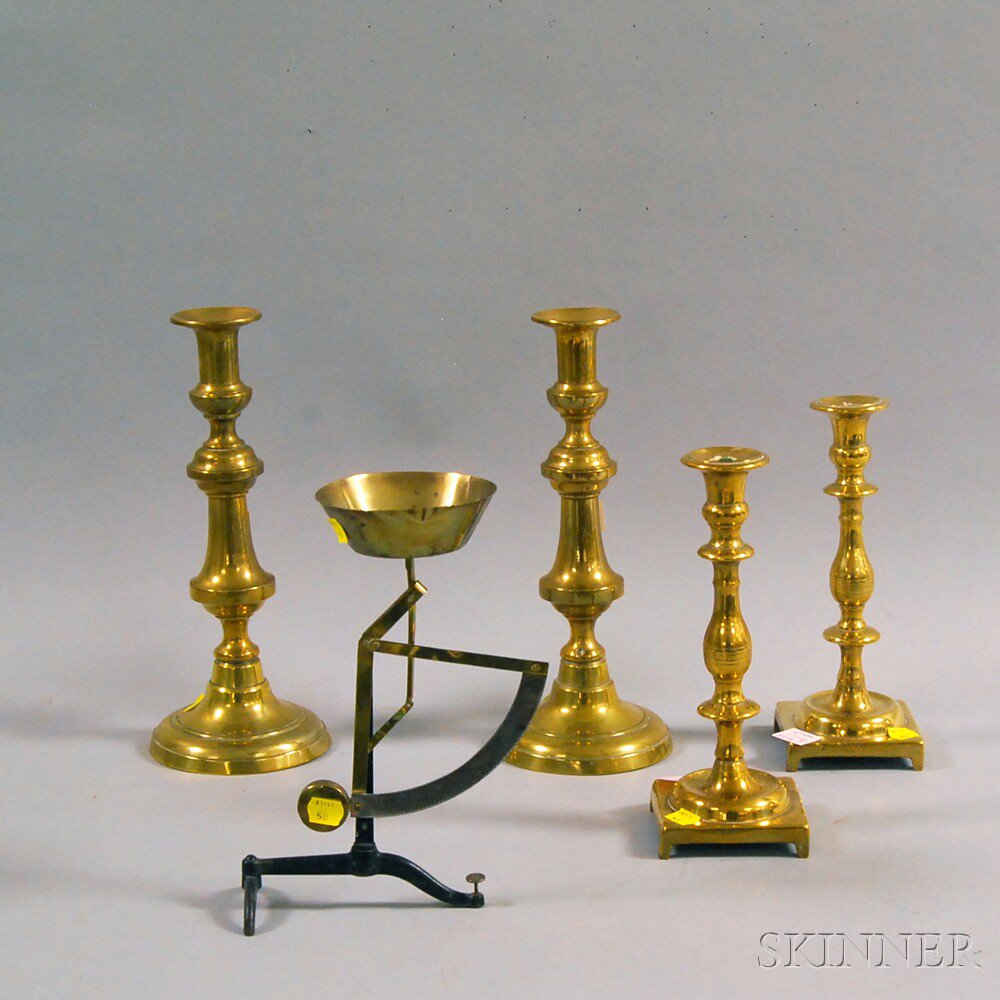 Appraisal: Two Pairs of Brass Candlesticks and a Postal Scale ht