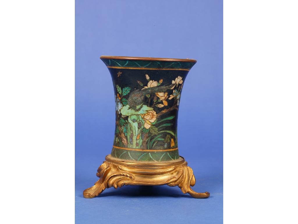 Appraisal: A CLOISONNE ENAMEL VASE the spool-shaped body decorated with flowers