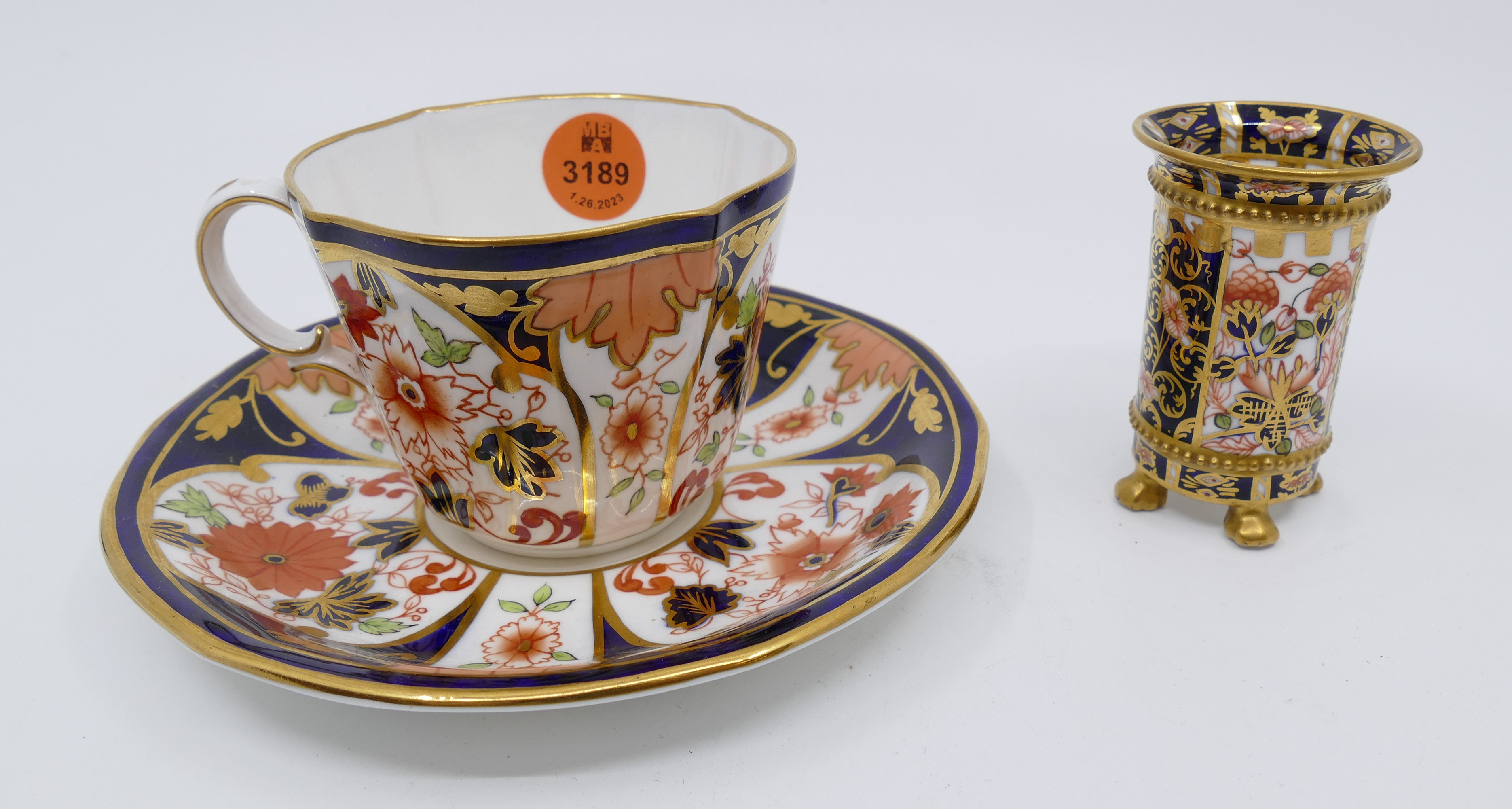 Appraisal: pc Royal Crown Derby Imari Cup Saucer Gilt Imari Toothpick