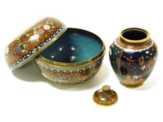 Appraisal: Two pieces of Asian cloisonn including round covered container turquoise