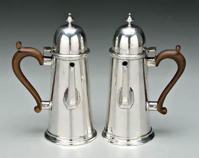 Appraisal: Pair English silver coffeepots both lighthouse form with scrolled wooden