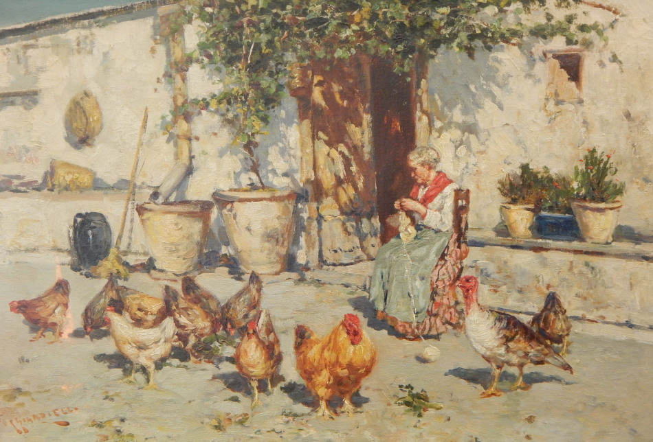 Appraisal: Guiseppe Giardiello - Courtyard scene with lady knitting oil on