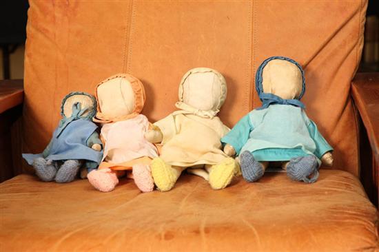 Appraisal: FOUR AMISH MADE LEATHER DOLLS All babies With blue shoes